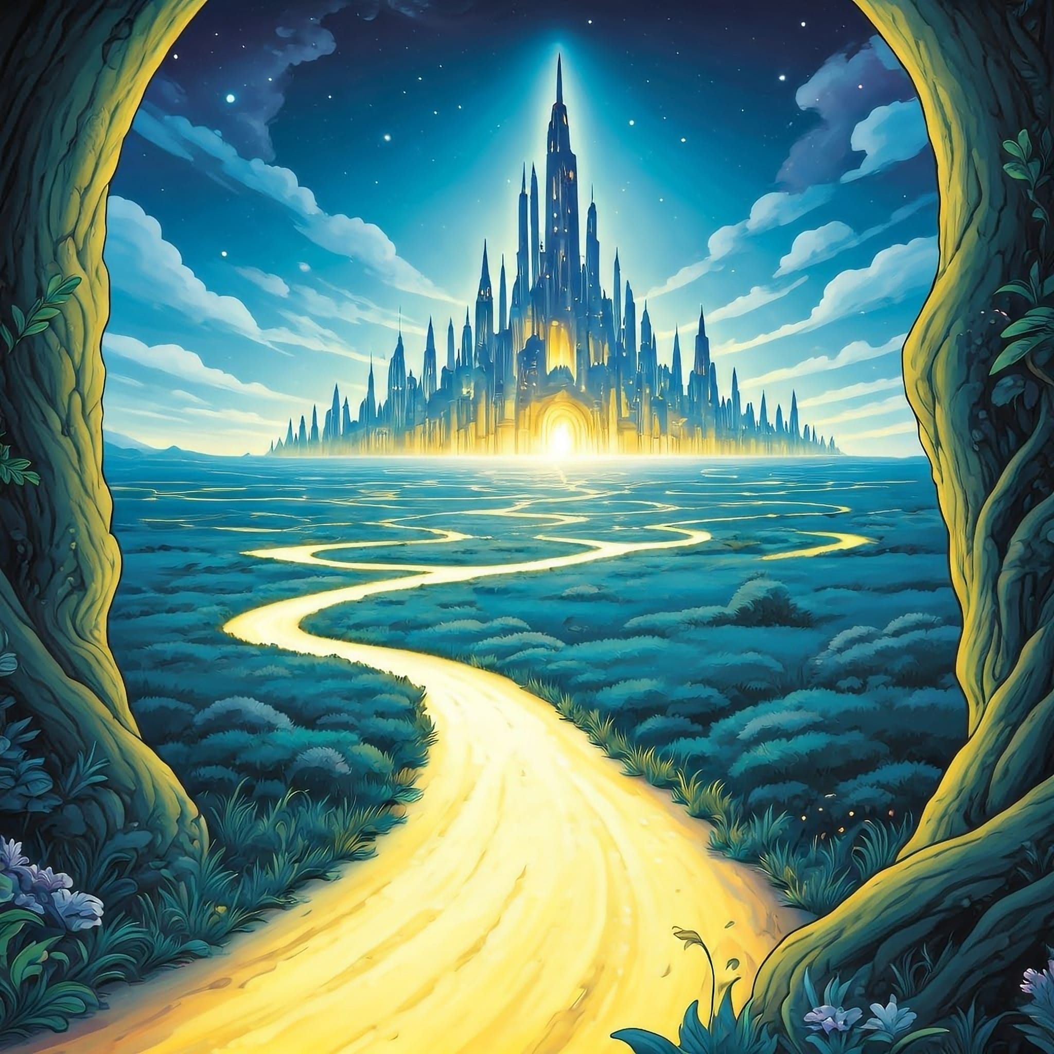Luminous golden paths criss crossing a vast plain and converging on a city of light in the distance.
