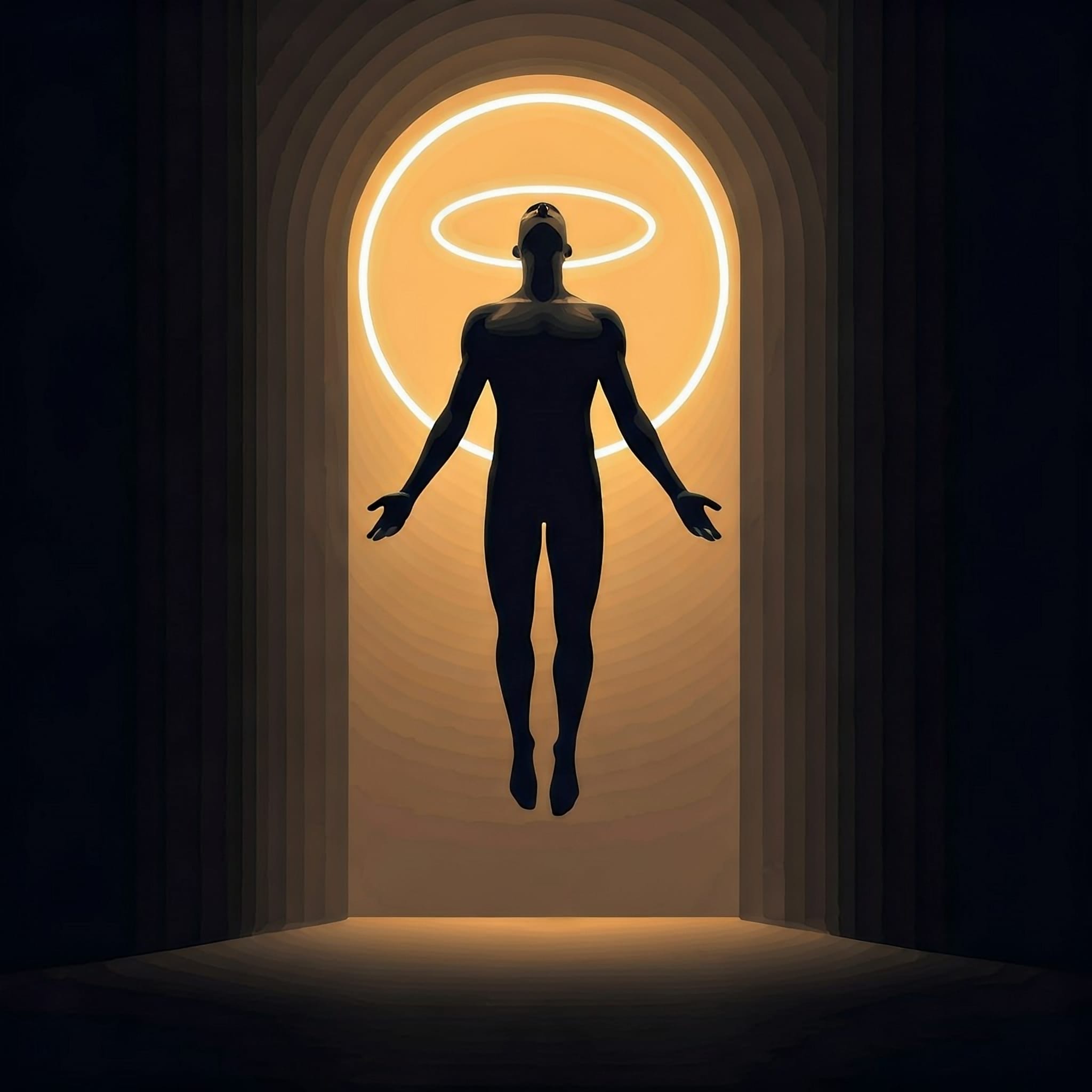 A silhouette figure rising into a column of light, a halo encircling their head and a golden portal opening above the halo.