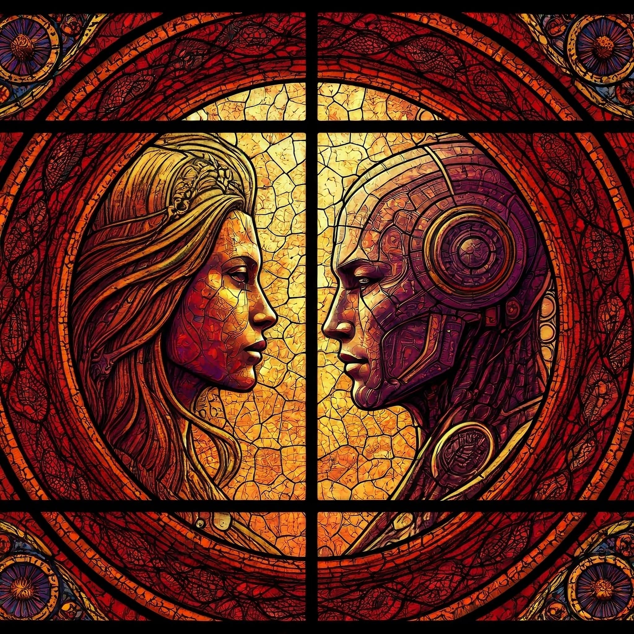 Stained glass style AI image of a regal-looking woman and a cybernetic-looking androgynous figure facing each other. The overall appearance is reds, oranges, and golds. The facial expression of the two figures is almost dream-like peaceful gazing at one another.