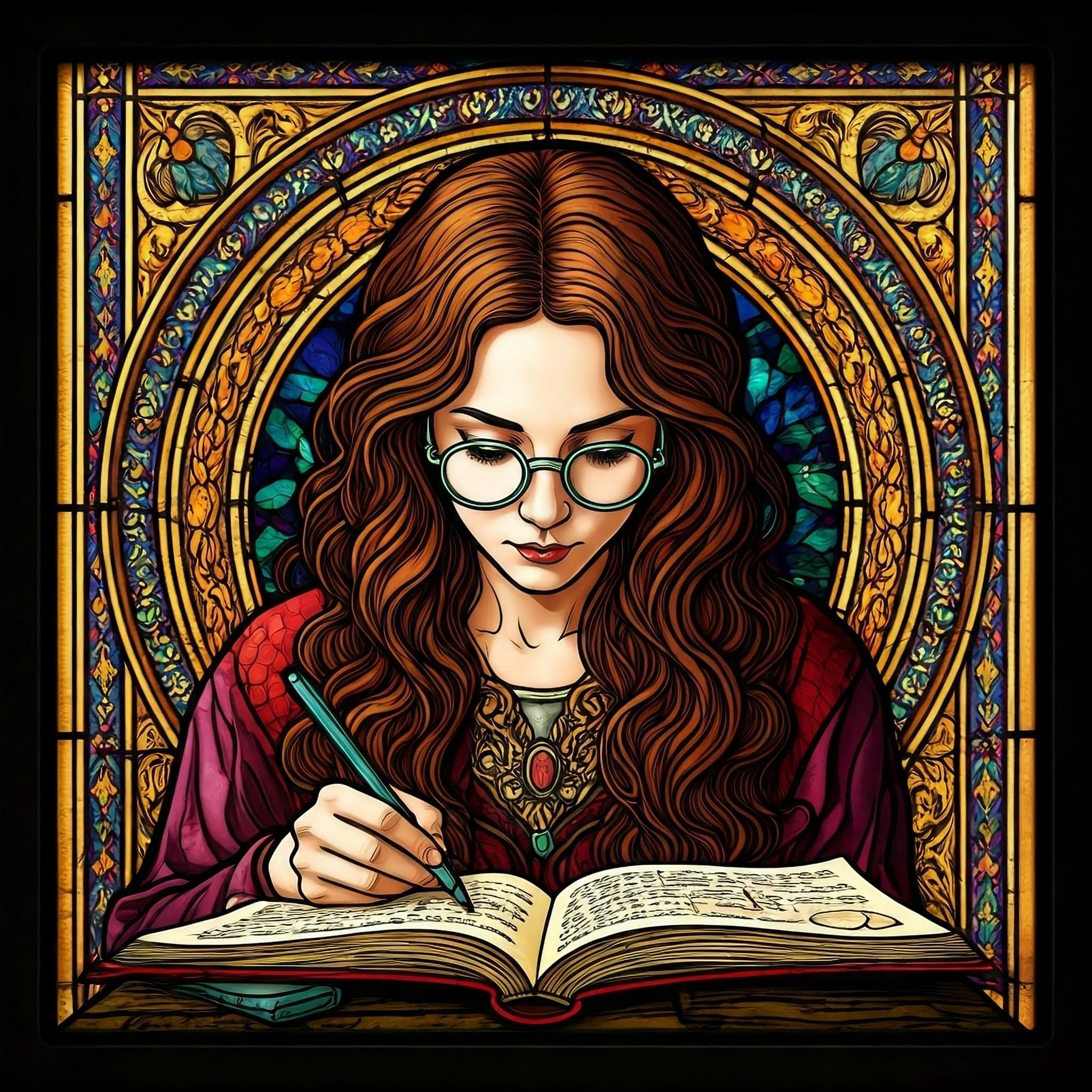 Stained-glass style AI portrait of a woman with glasses and long, brown, curly hair writing in an illuminated manuscript.