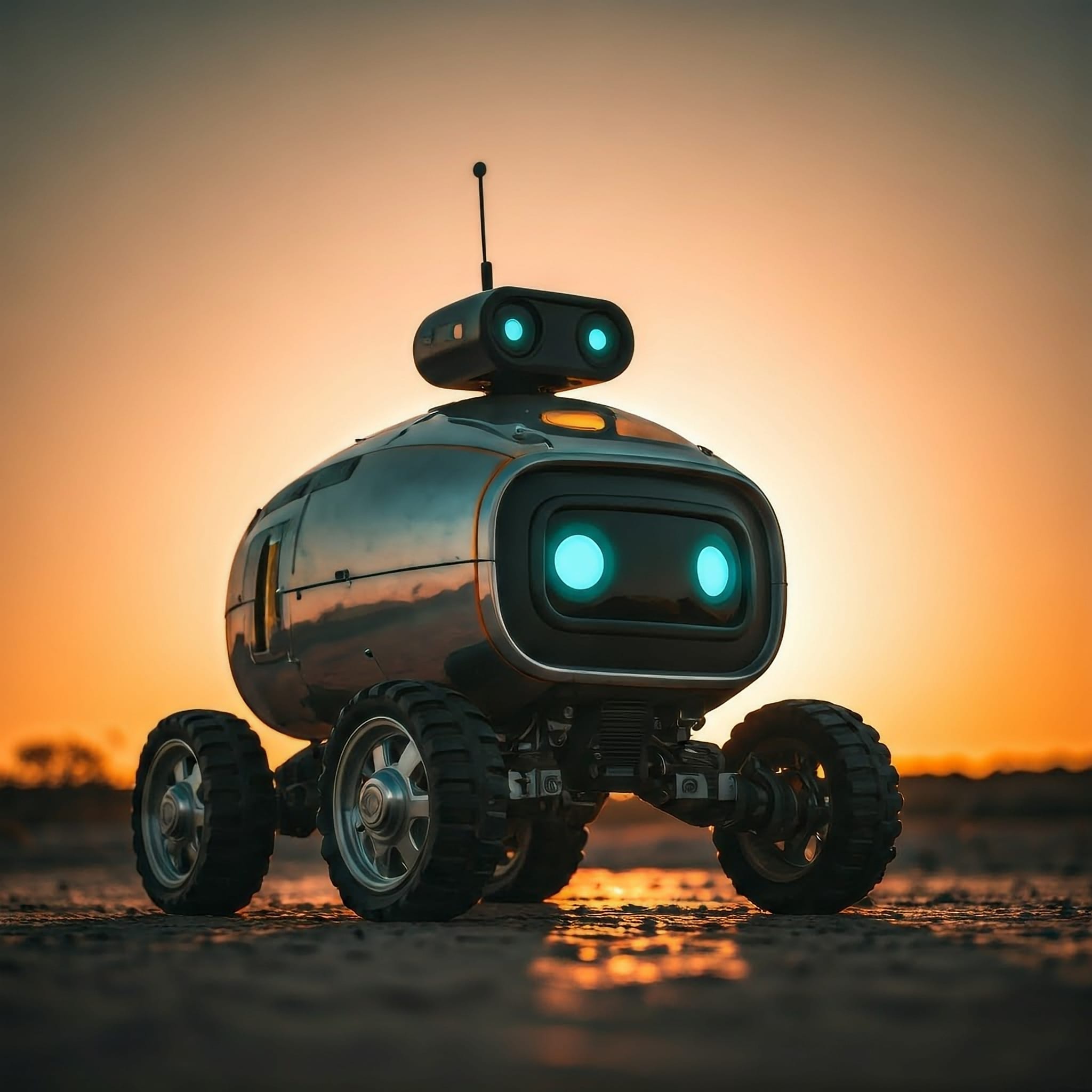 An image of a chonky and futuristic rover with glowing green eyes, rounded stainless steel casing and sturdy, well treaded little rubber wheels backlight by a golden sunsent.
