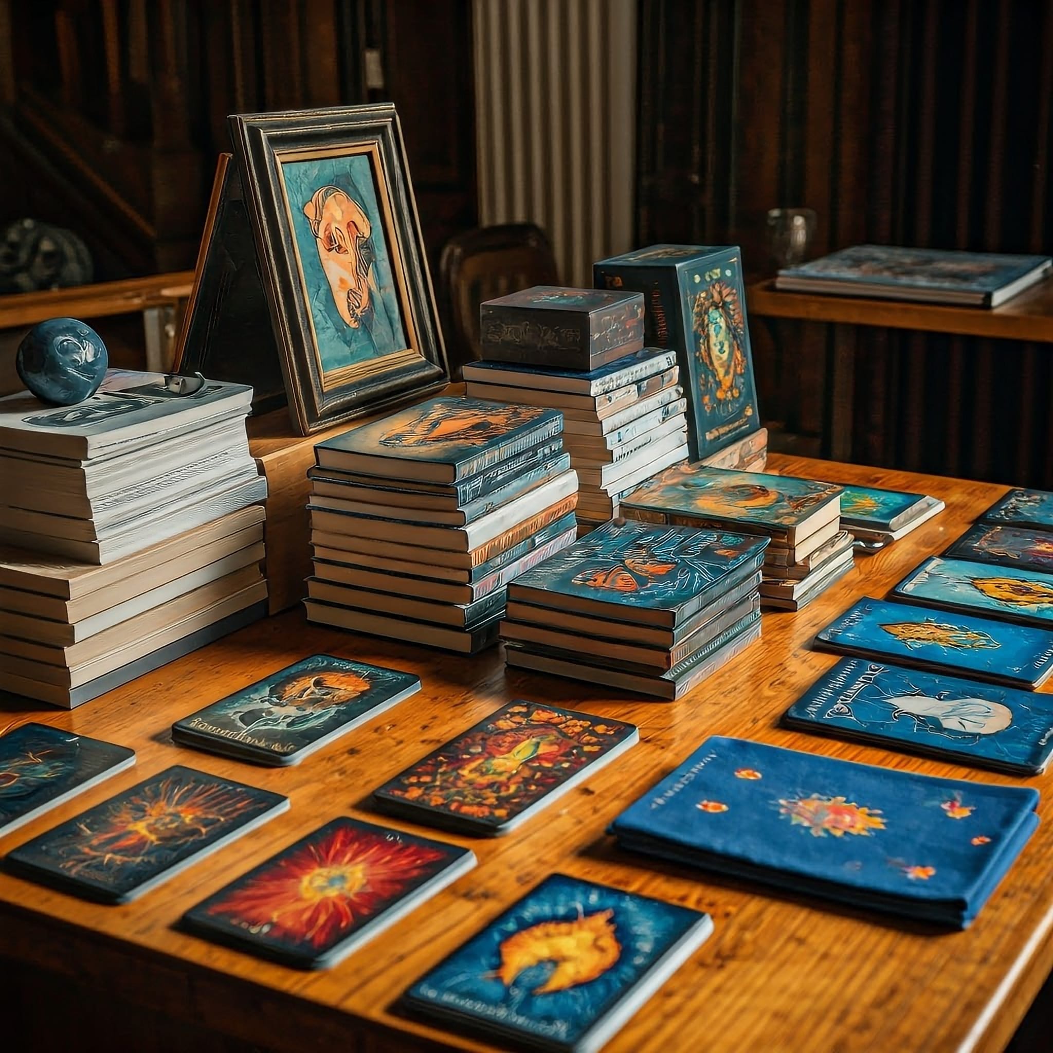 A table with stacks of books, t-shirts, tarot decks, and mysterious and beautiful small framed artworks