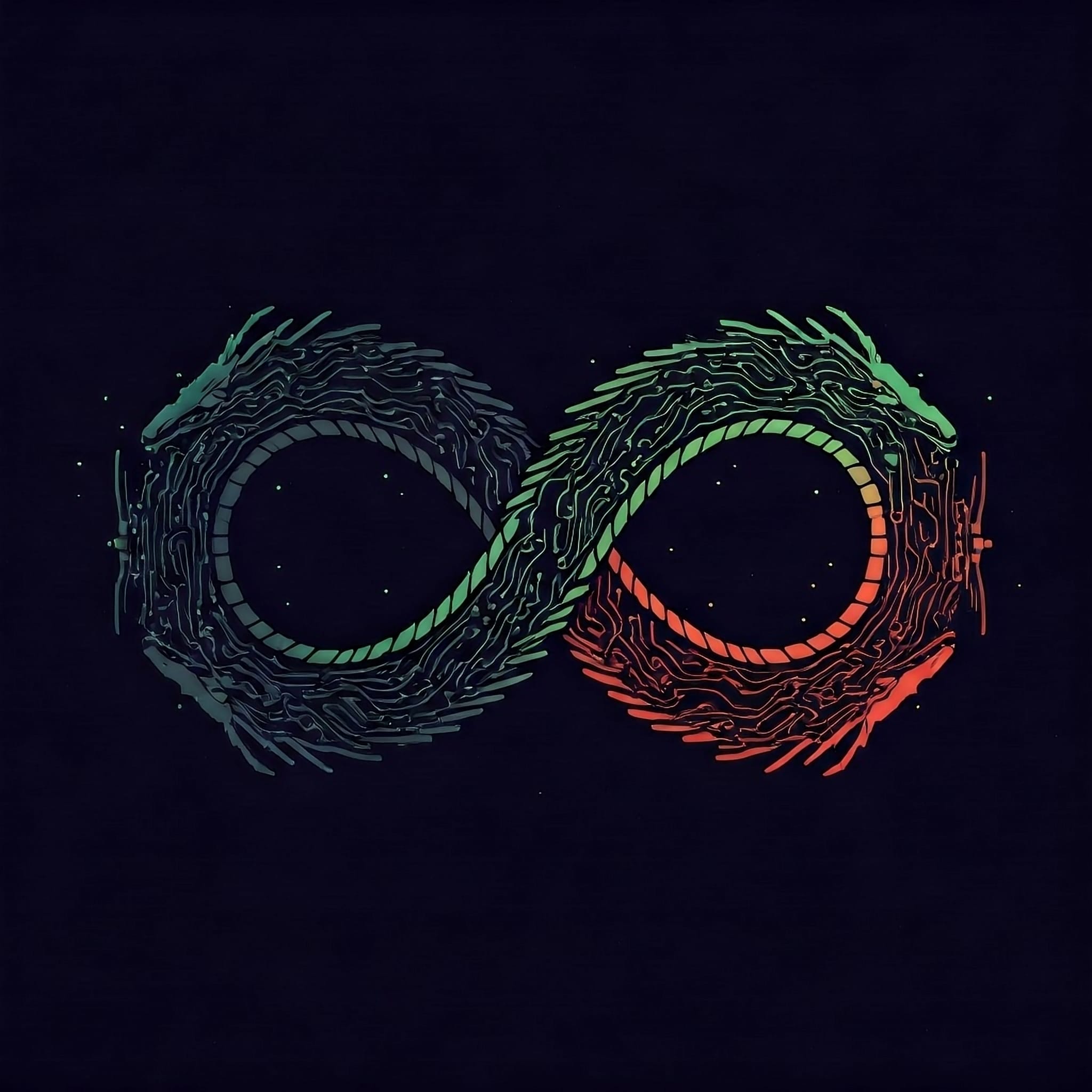 Graphic linework infinity symbol, saturated colors, appears to have skin texture reminiscent of circuit boards. Mantles emerge above the surface of the infinity symbol and appear similar to the crests of dragons.